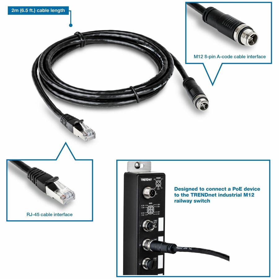TRENDnet M12 to RJ-45 Industrial Ethernet Cable, 2m (6.5 ft.) TI-CD02