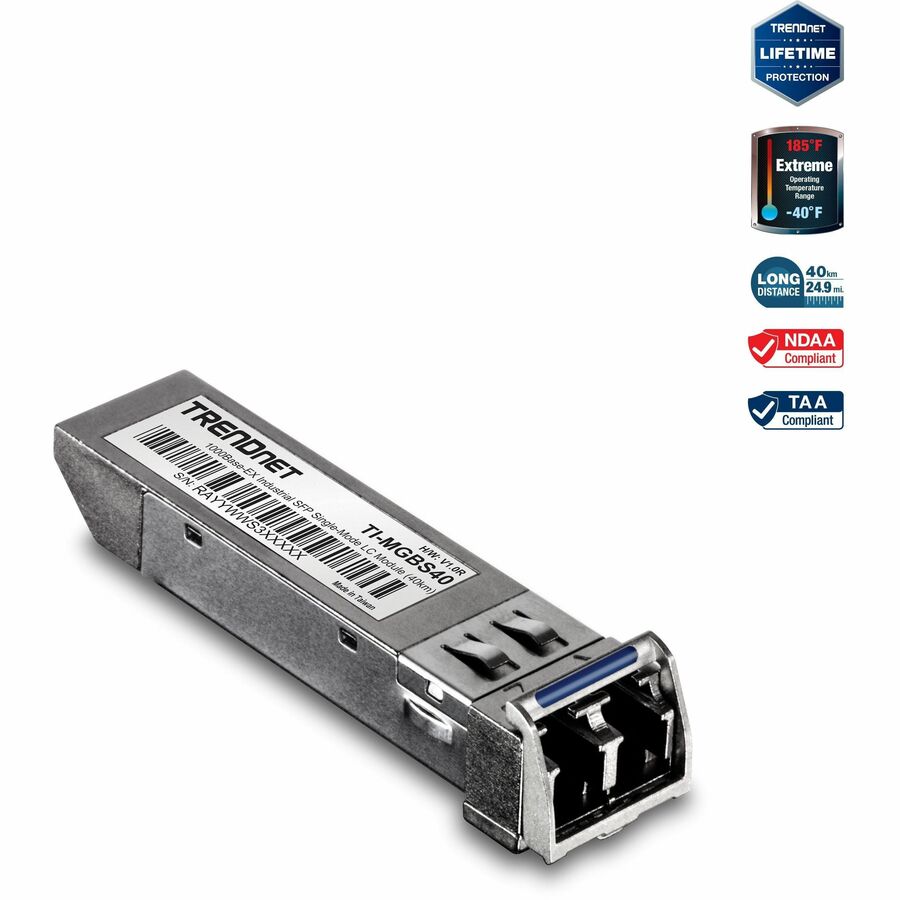 TRENDnet SFP to RJ45 Industrial Single-Mode LC Module; TI-MGBS40; Up to 2 km (1.2 miles); 1000Base-EX Industrial SFP; IEEE 802.3z Gigabit Ethernet; Data Rates of up to 1.25Gbps; Lifetime Protection TI-MGBS40