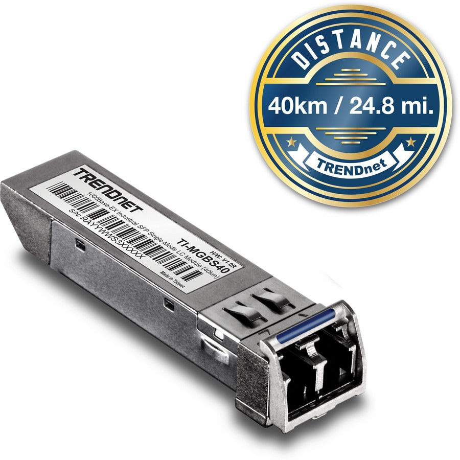 TRENDnet SFP to RJ45 Industrial Single-Mode LC Module; TI-MGBS40; Up to 2 km (1.2 miles); 1000Base-EX Industrial SFP; IEEE 802.3z Gigabit Ethernet; Data Rates of up to 1.25Gbps; Lifetime Protection TI-MGBS40