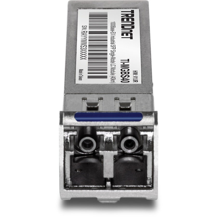 TRENDnet SFP to RJ45 Industrial Single-Mode LC Module; TI-MGBS40; Up to 2 km (1.2 miles); 1000Base-EX Industrial SFP; IEEE 802.3z Gigabit Ethernet; Data Rates of up to 1.25Gbps; Lifetime Protection TI-MGBS40