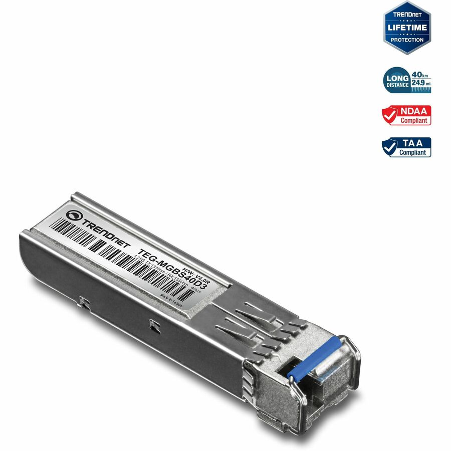 TRENDnet SFP vers module LC monomode double longueur d'onde RJ45 ; TEG-MGBS40D3 ; Doit être associé au TEG-MGBS40D5 ou à un module compatible ; Jusqu'à 40 km (24,9 miles) ; Compatible avec les emplacements SFP standard ; Protection à vie TEG-MGBS40D3