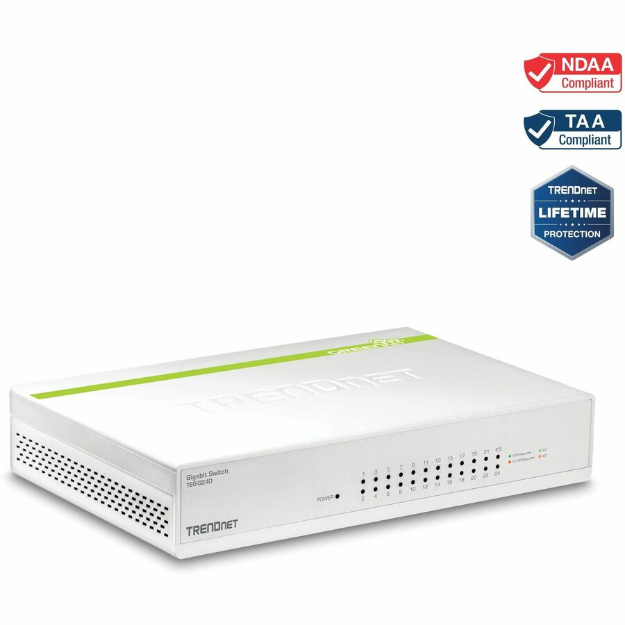 Commutateur GREENnet Gigabit 24 ports TRENDnet ; QoS ; Structure de commutation 48 Gbit/s ; Sans ventilateur ; Branchez &amp; jouez; Semi et Duplex intégral ; TEG-S24D TEG-S24D