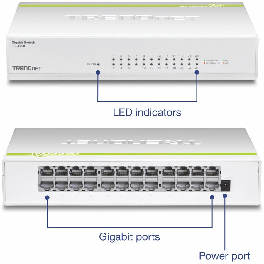 Commutateur GREENnet Gigabit 24 ports TRENDnet ; QoS ; Structure de commutation 48 Gbit/s ; Sans ventilateur ; Branchez &amp; jouez; Semi et Duplex intégral ; TEG-S24D TEG-S24D