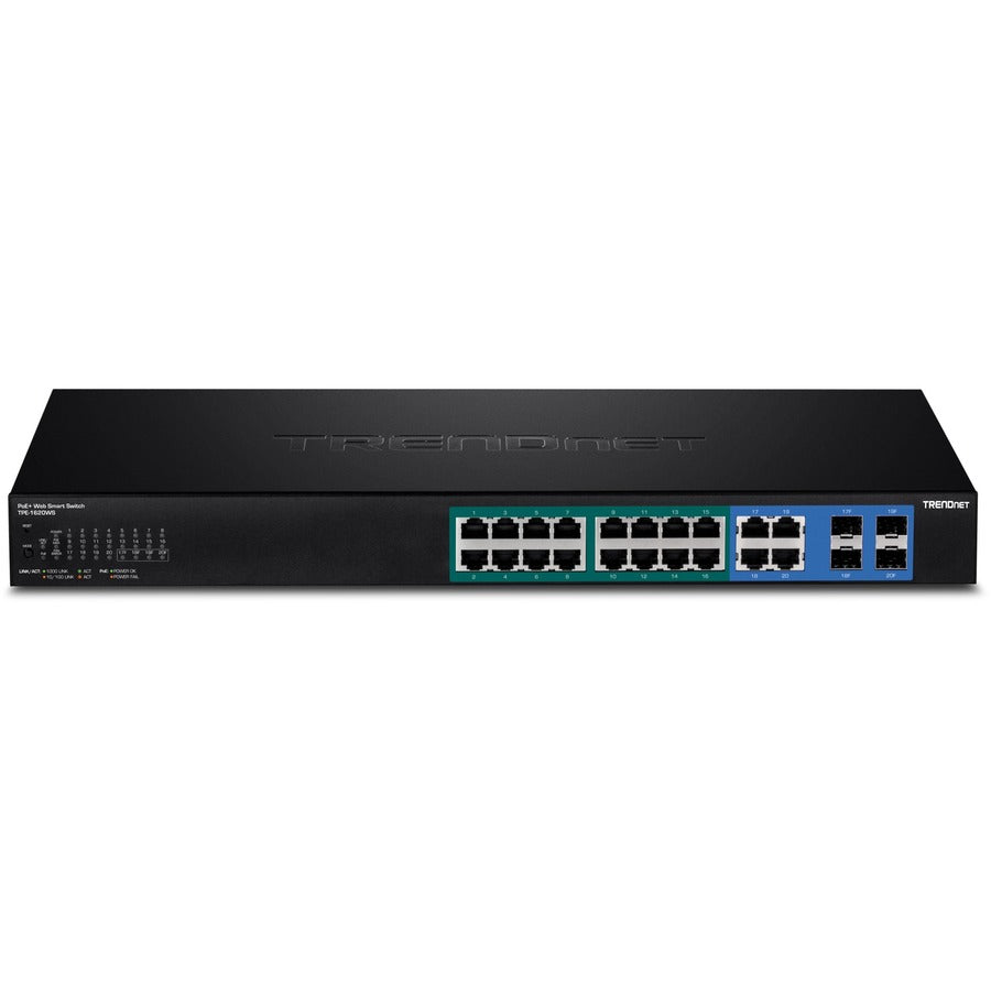 TRENDnet 20-Port Gigabit PoE+ Web Smart PoE+ Switch, 16 x Gigabit PoE+ Ports, 4 x Shared Gigabit Ports, Up To 30W Per Port, 185W Total Power Budget, Rack Mountable, Black, TPE-1620WS TPE-1620WS