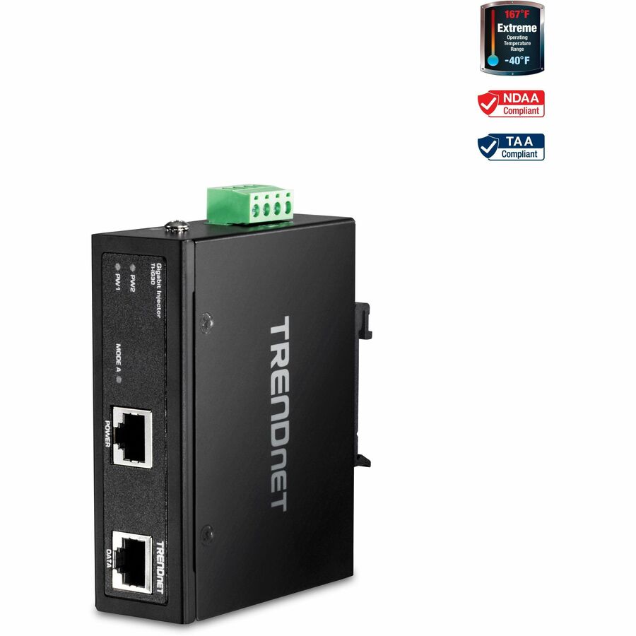 TRENDnet Hardened Industrial Gigabit PoE+ Injector, DIN-Rail, Wall Mount, IP30 Rated Housing, DIN-rail & Wall Mounts Included, TI-IG30 TI-IG30