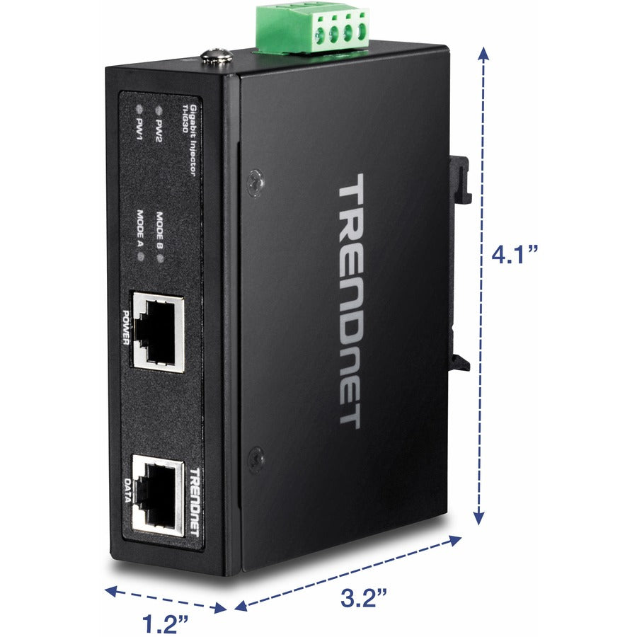 TRENDnet Hardened Industrial Gigabit PoE+ Injector, DIN-Rail, Wall Mount, IP30 Rated Housing, DIN-rail & Wall Mounts Included, TI-IG30 TI-IG30