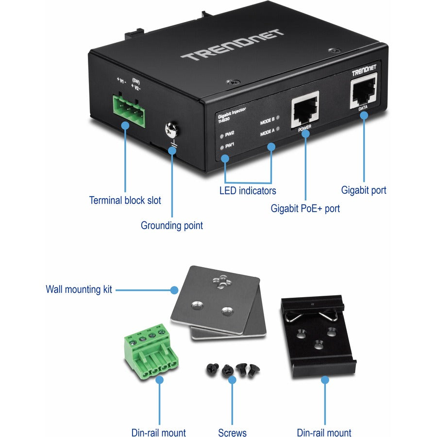 TRENDnet Hardened Industrial Gigabit PoE+ Injector, DIN-Rail, Wall Mount, IP30 Rated Housing, DIN-rail & Wall Mounts Included, TI-IG30 TI-IG30