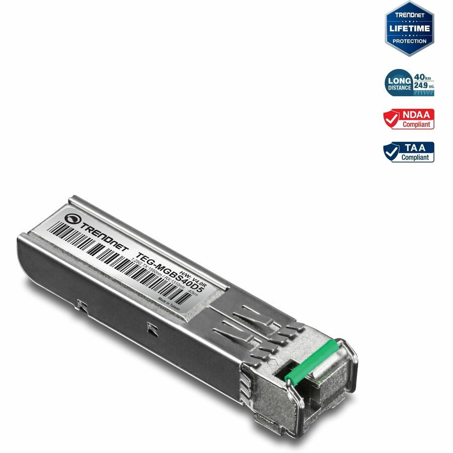 TRENDnet SFP vers module LC monomode double longueur d'onde RJ45 ; TEG-MGBS40D5 ; Doit être associé au TEG-MGBS40D3 ou à un module compatible ; Jusqu'à 40 km (24,9 miles) ; Compatible avec les emplacements SFP standard ; Protection à vie TEG-MGBS40D5