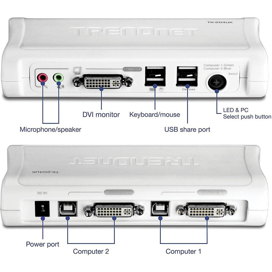 TRENDnet Kit commutateur KVM USB DVI 2 ports et câble avec audio, gestion de deux PC, 2 ports USB clavier et souris, 2 ports USB 2.0 bonus, prise en charge audio 2 voies, TK-204UK TK-204UK