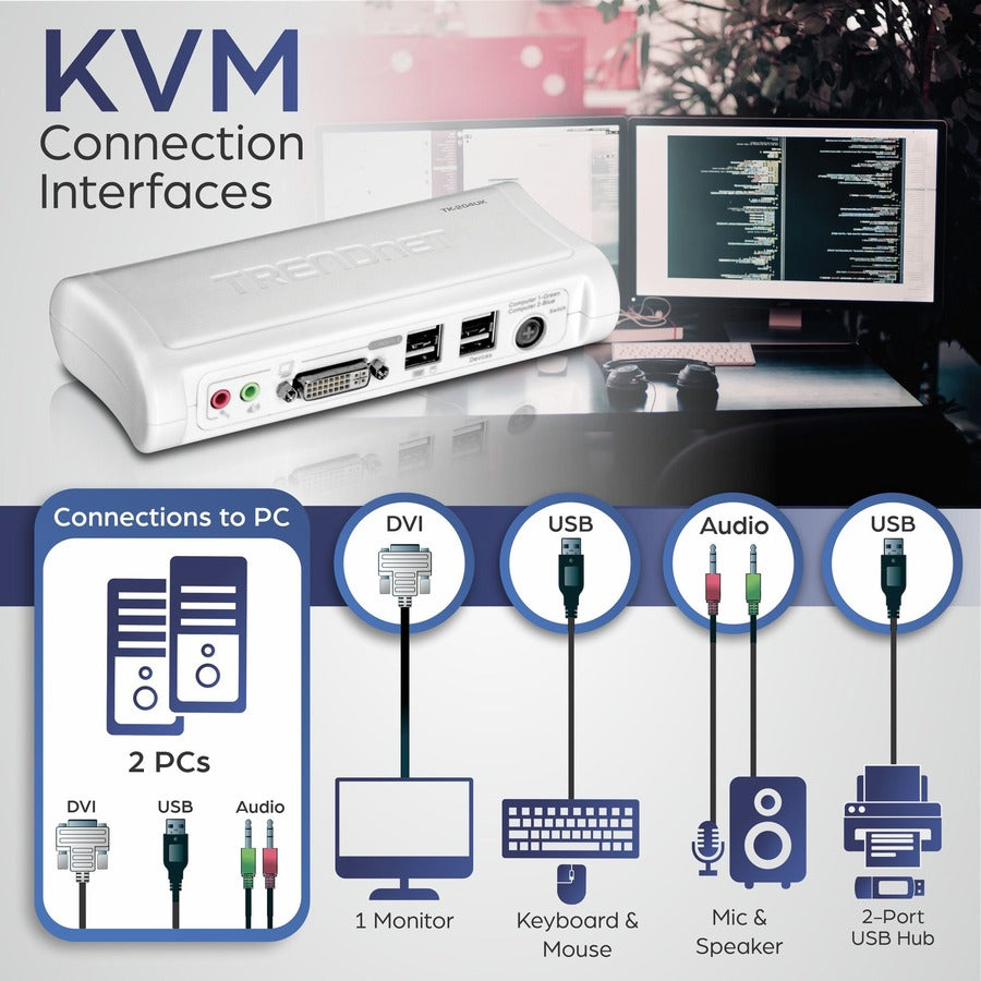 TRENDnet Kit commutateur KVM USB DVI 2 ports et câble avec audio, gestion de deux PC, 2 ports USB clavier et souris, 2 ports USB 2.0 bonus, prise en charge audio 2 voies, TK-204UK TK-204UK