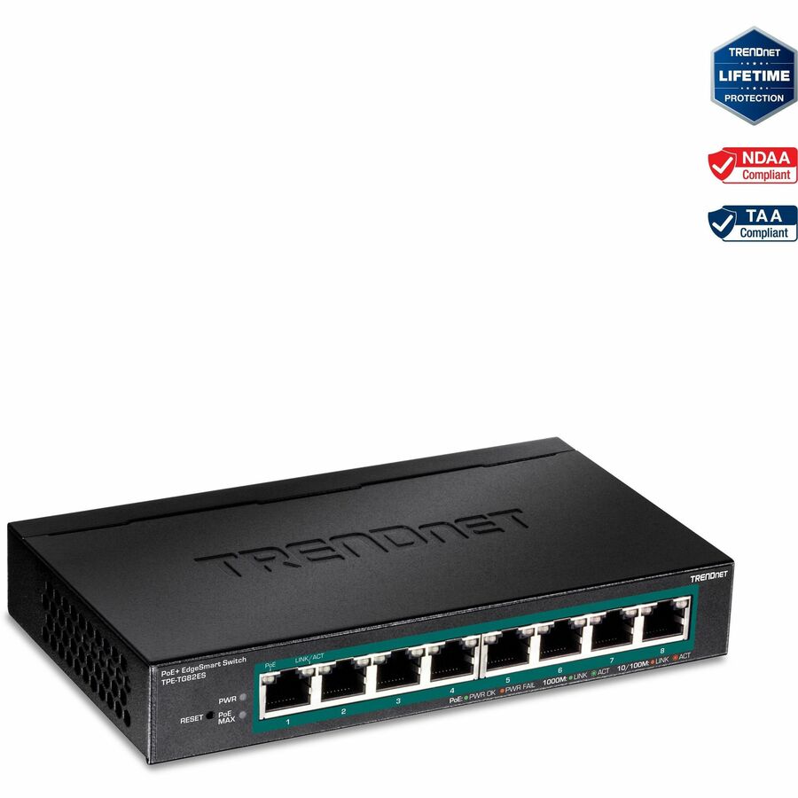 TRENDnet Switch Gigabit EdgeSmart PoE+ 8 ports, 8 ports Gigabit PoE+, budget d'alimentation PoE 64 W, commutateur PoE+ géré, montable au mur, commutateur Ethernet de bureau, protection à vie, noir, TPE-TG82ES TPE-TG82ES