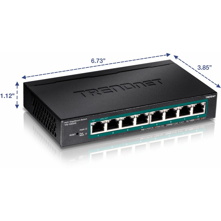 TRENDnet 8-Port Gigabit EdgeSmart PoE+ Switch, 8 x Gigabit PoE+ Ports, 64W PoE Power Budget, Managed PoE+ Switch, Wall Mountable, Desktop Ethernet Switch, Lifetime Protection, Black, TPE-TG82ES TPE-TG82ES