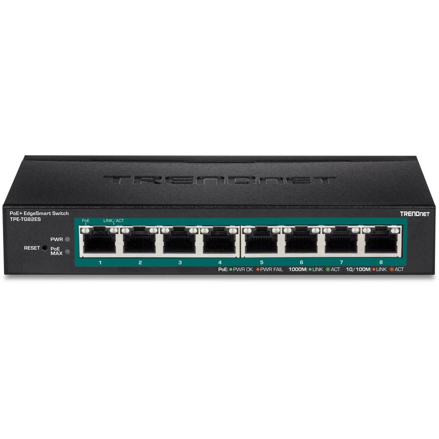 TRENDnet Switch Gigabit EdgeSmart PoE+ 8 ports, 8 ports Gigabit PoE+, budget d'alimentation PoE 64 W, commutateur PoE+ géré, montable au mur, commutateur Ethernet de bureau, protection à vie, noir, TPE-TG82ES TPE-TG82ES