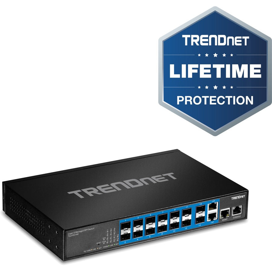 Commutateur SFP de couche 2 géré Gigabit à 14 ports TRENDnet ; TL2-FG142 ; 2 ports Gigabit RJ-45 partagés ; 12 emplacements SFP 100/1 000 Mbps ; Capacité de commutation de 28 Gbit/s ; VLAN ; QoS ; LACP ; Prise en charge IPv6 ; Protection à vie TL2-FG142