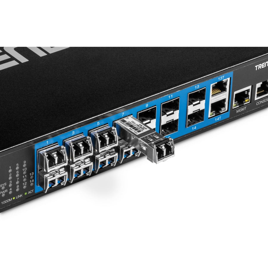 TRENDnet 14-Port Gigabit Managed Layer 2 SFP Switch; TL2-FG142; 2 Shared Gigabit RJ-45 Ports; 12 x SFP Slots 100/1000Mbps; 28Gbps Switching Capacity; VLAN; QoS; LACP; IPv6 Support; Lifetime Protection TL2-FG142