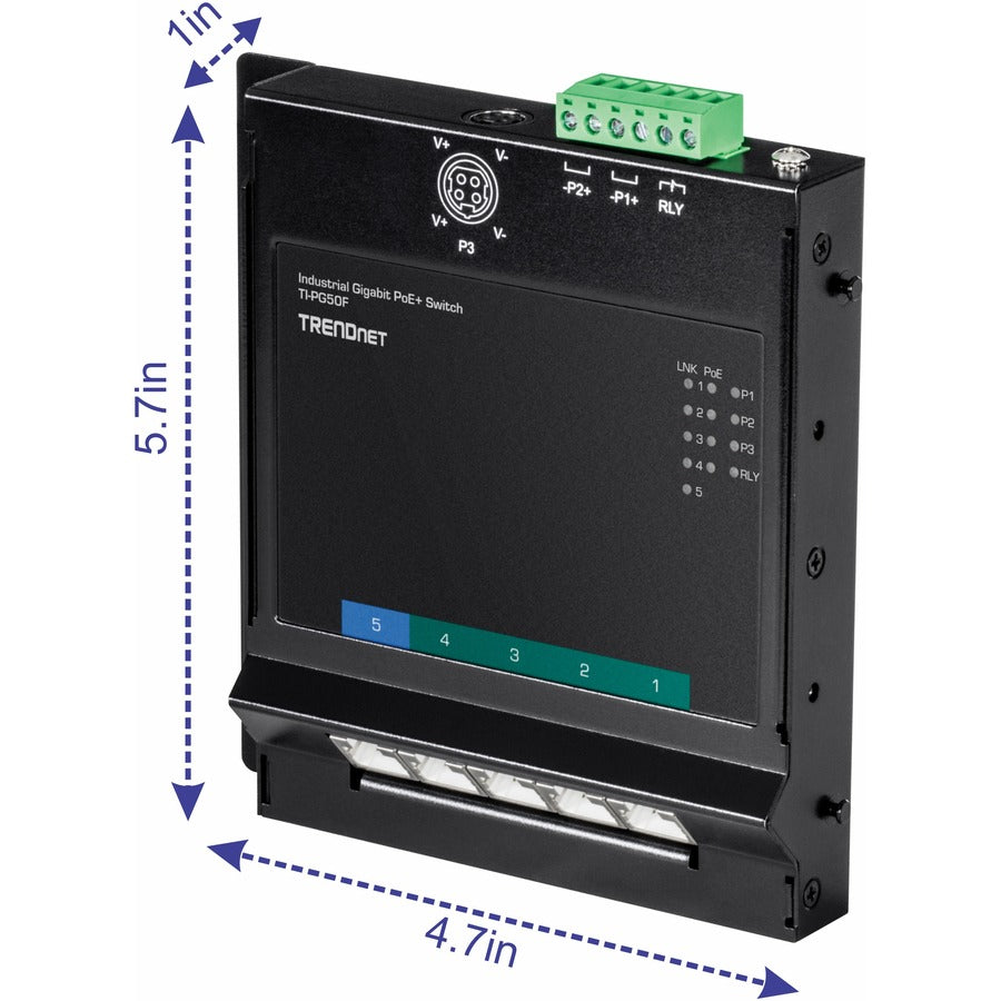 TRENDnet 5-Port Industrial Gigabit Poe+ Wall-Mounted Front Access Switch; 5X Gigabit Poe+ Ports; DIN-Rail Mount; 48 ?57V DC Power Input; IP30; 120W Poe Budget;Lifetime Protection; TI-PG50F TI-PG50F