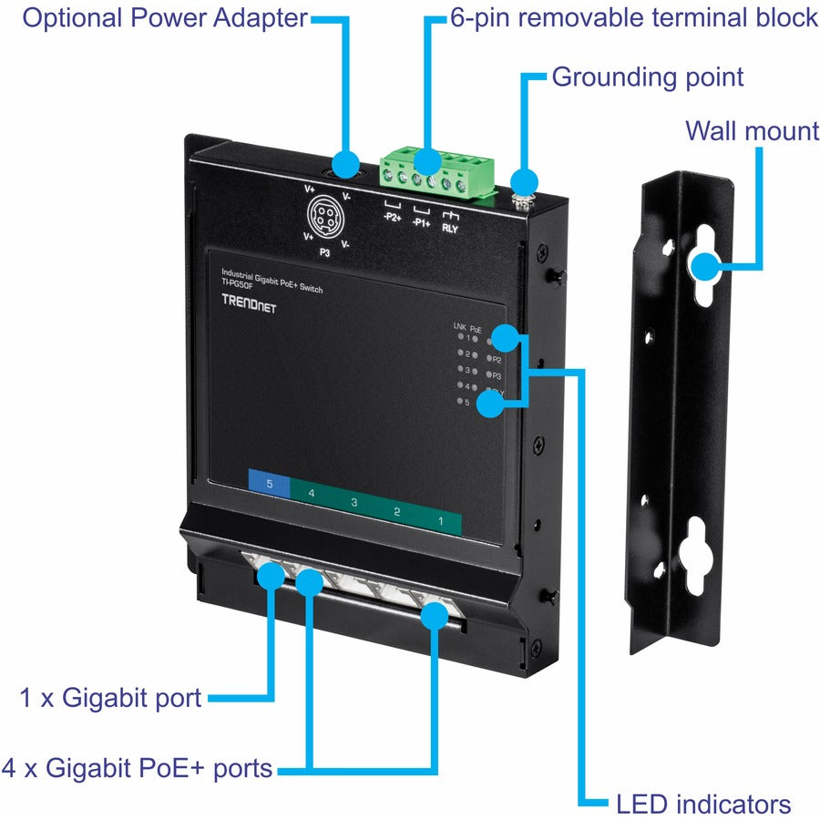 TRENDnet 5-Port Industrial Gigabit Poe+ Wall-Mounted Front Access Switch; 5X Gigabit Poe+ Ports; DIN-Rail Mount; 48 ?57V DC Power Input; IP30; 120W Poe Budget;Lifetime Protection; TI-PG50F TI-PG50F