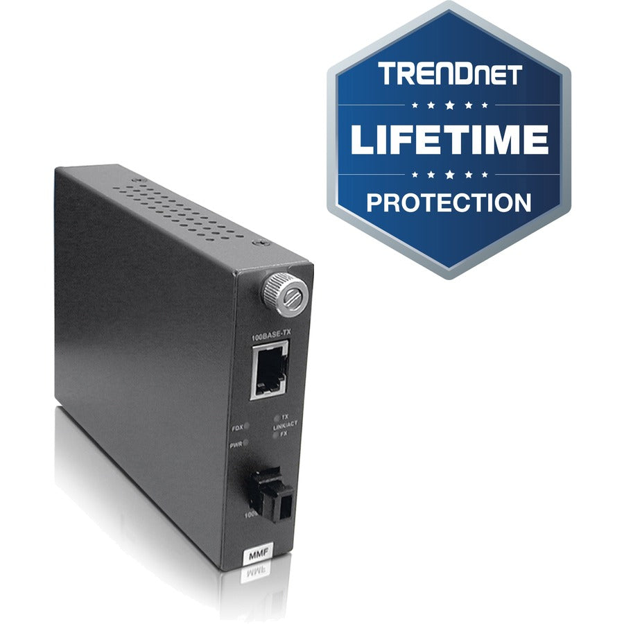 TRENDnet 100Base-TX to 100Base-FX Multi Mode MT-RJ Fiber Media Converter (2 Km /1.2 Miles); Multimode Fiber; Fiber to Ethernet Converter; RJ-45; MT-RJ Type Connector; Lifetime Protection; TFC-110MM TFC-110MM
