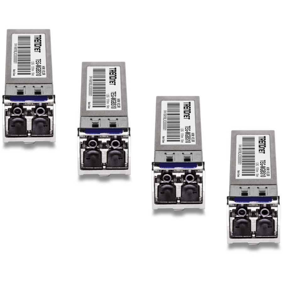 Module LC monomode TRENDnet SFP, paquet de 4 ; TEG-MGBS10/4 ; Pour fibre monomode ; Distances jusqu'à 10 km (6,2 milles) ; SFP Gigabit ; Prend en charge jusqu'à 1,25 Gbit/s ; Ethernet Gigabit IEEE 802.3z ; Protection à vie TEG-MGBS10/4