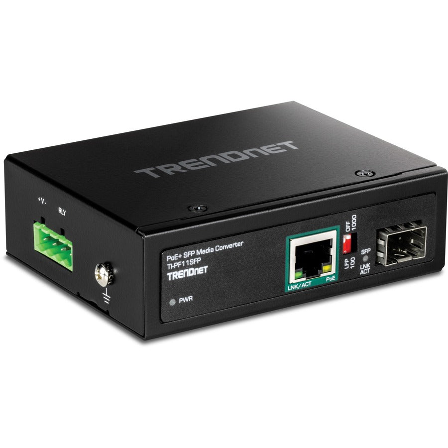 TRENDnet Industrial SFP to Gigabit PoE+ Media Converter; IP30 Rated Housing; Operating temperature range -40?? 75 ?C to (-40? ? 167 ?F); TI-PF11SFP TI-PF11SFP