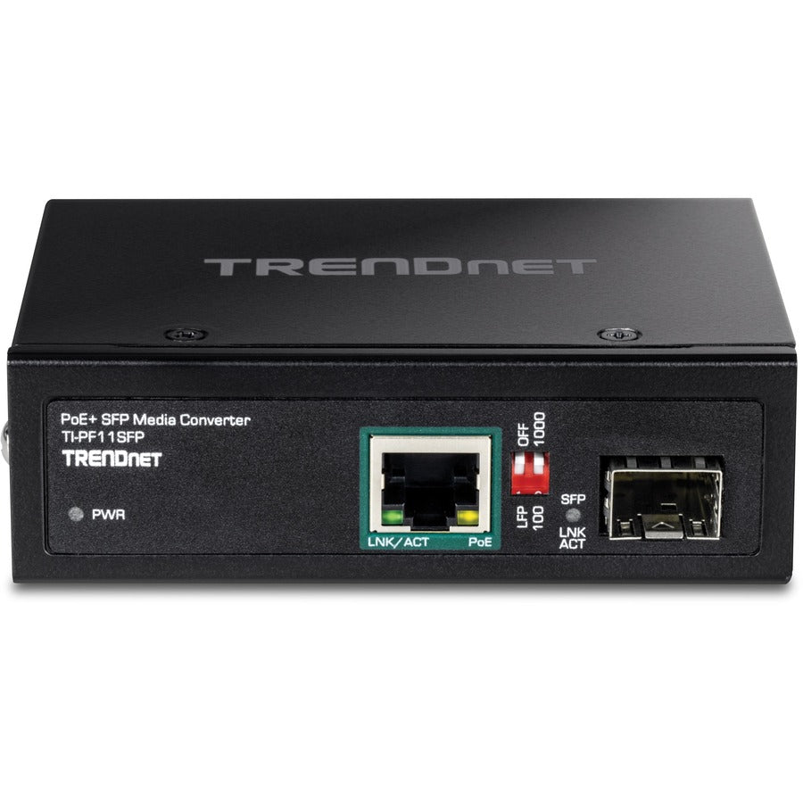 TRENDnet Industrial SFP to Gigabit PoE+ Media Converter; IP30 Rated Housing; Operating temperature range -40?? 75 ?C to (-40? ? 167 ?F); TI-PF11SFP TI-PF11SFP