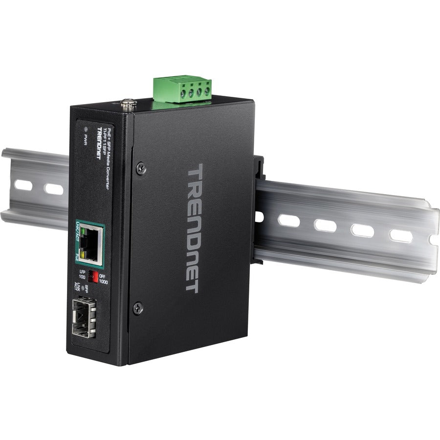 TRENDnet Industrial SFP to Gigabit PoE+ Media Converter; IP30 Rated Housing; Operating temperature range -40?? 75 ?C to (-40? ? 167 ?F); TI-PF11SFP TI-PF11SFP