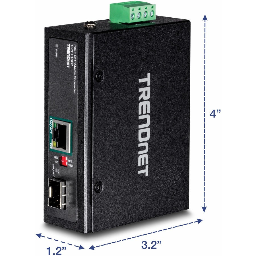 TRENDnet Industrial SFP to Gigabit PoE+ Media Converter; IP30 Rated Housing; Operating temperature range -40?? 75 ?C to (-40? ? 167 ?F); TI-PF11SFP TI-PF11SFP