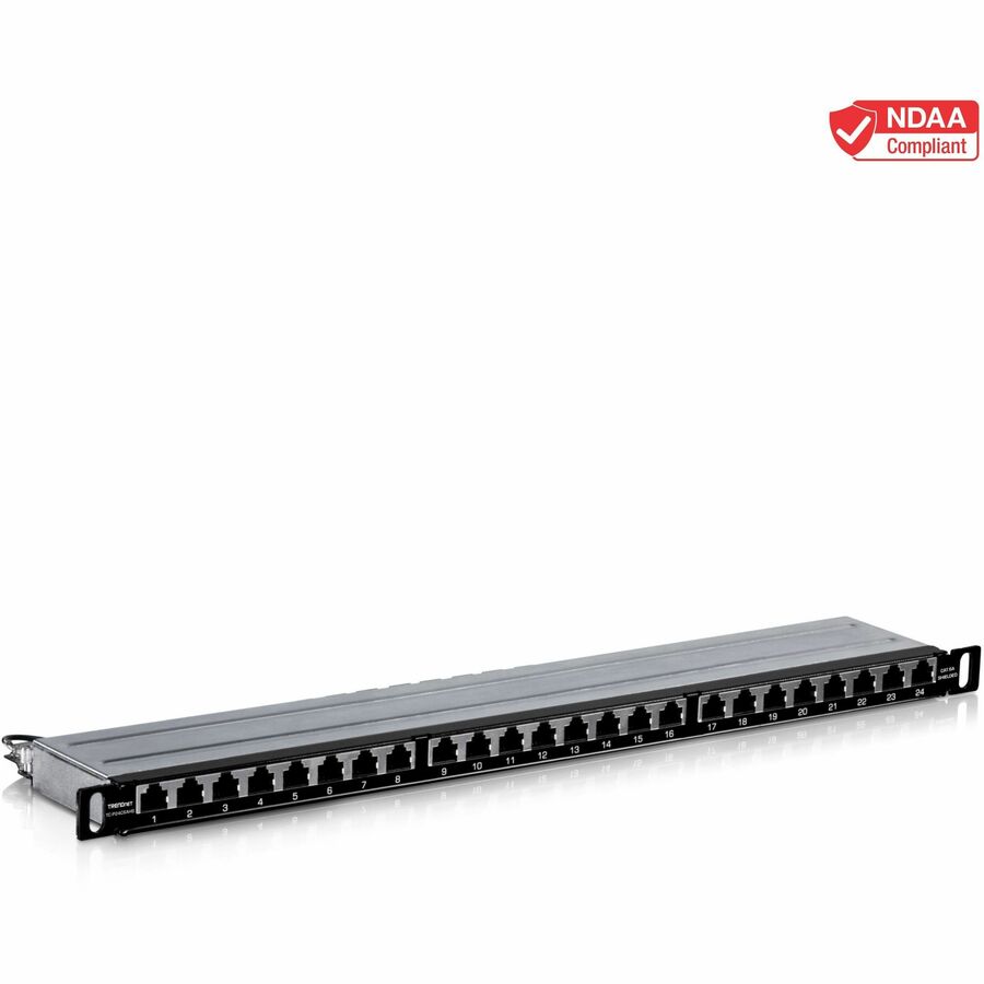 TRENDnet Panneau de brassage demi-U blindé CAT6A 24 ports, TC-P24C6AHS, compatible 10G, moitié de la hauteur des panneaux de brassage 1U standard, boîtier de montage en rack métallique, compatible CAT5e/Cat6/CAT6A, gestion des câbles TC-P24C6AHS