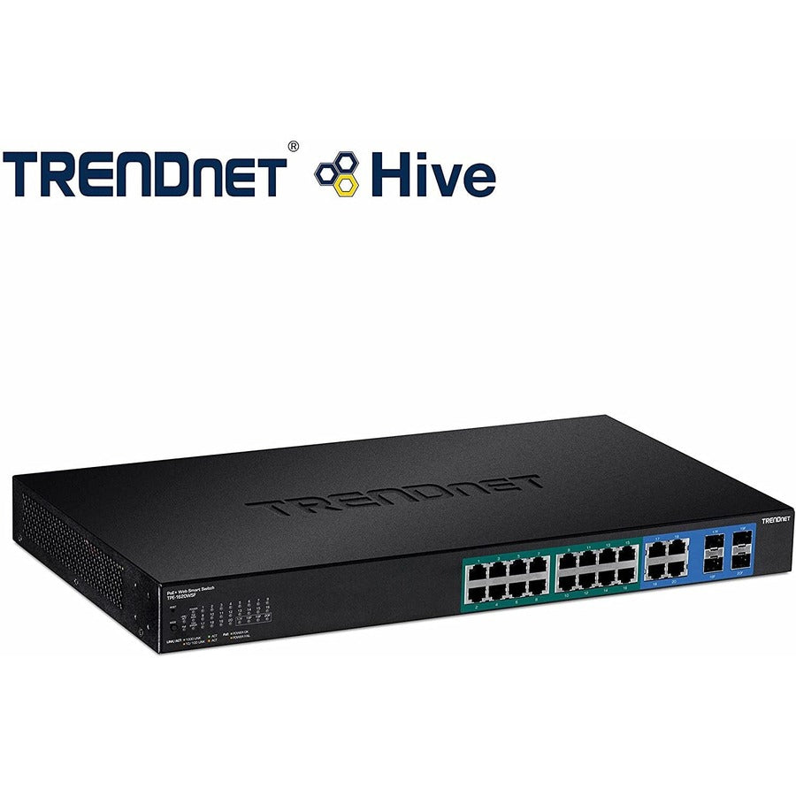 TRENDnet 20-Port Gigabit Web Smart 370W PoE+ Switch; TPE-1620WSF; 16 Gigabit PoE+ Ports; 4 Shared Gigabit Ports(RJ-45 or SFP); 370W PoE Budget;Managed PoE+ Ethernet Network Switch; Lifetime Protection TPE-1620WSF