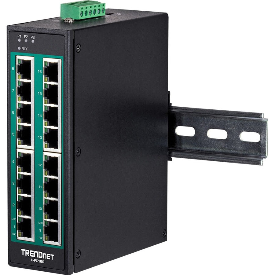 TRENDnet 16-Port Hardened Industrial Unmanaged Gigabit 10/100/1000Mbps DIN-Rail Switch w/ 16 Gigabit PoE+ Ports; Lifetime Protection; TI-PG160 TI-PG160