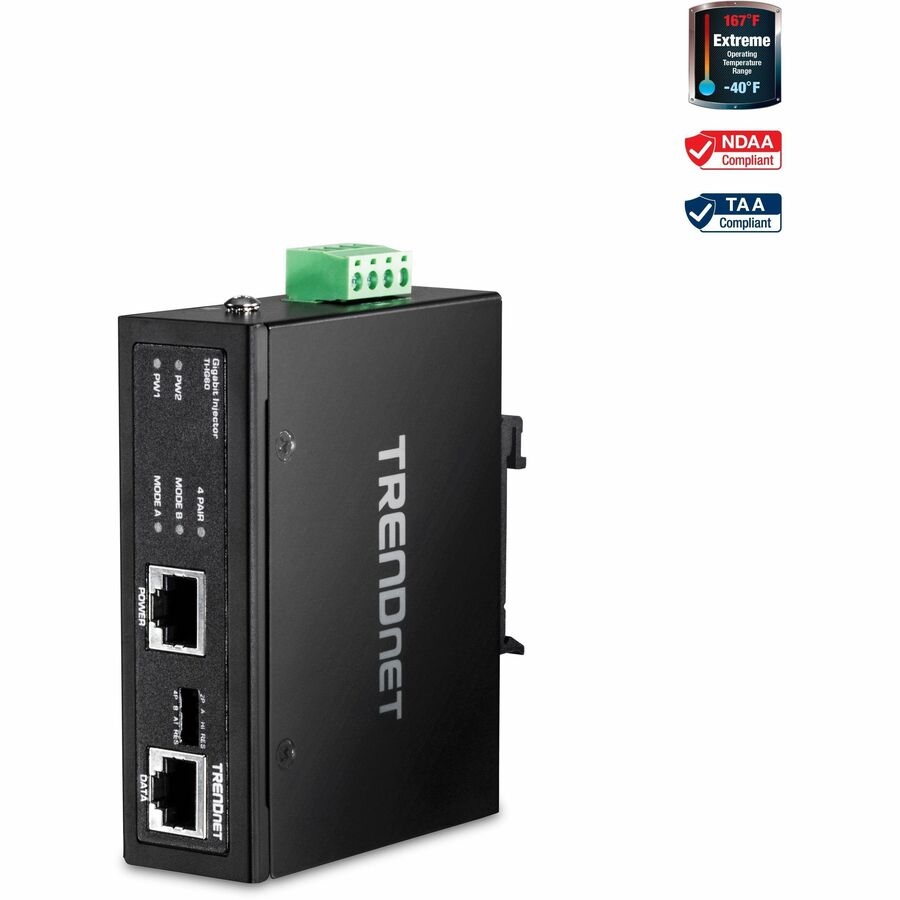 Injecteur PoE+ Gigabit industriel durci 60 W TRENDnet, montage sur rail DIN, boîtier classé IP30, comprend des supports sur rail DIN et muraux, TI-IG60 TI-IG60