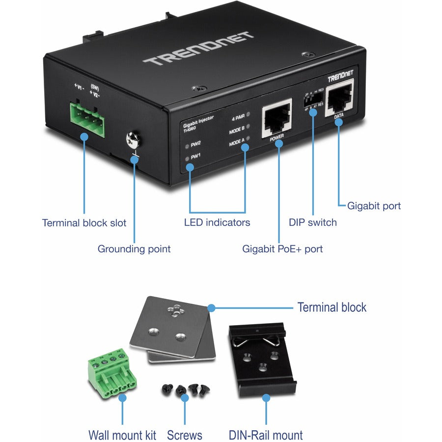 TRENDnet Hardened Industrial 60W Gigabit PoE+ Injector, DIN-Rail Mount, IP30 Rated Housing, Includes DIN-rail & Wall Mounts, TI-IG60 TI-IG60