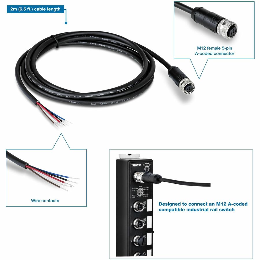 TRENDnet Industrial M12 Female 5-Pin Connector Electrical Cable, 2m (6.5 ft.) TI-CP02