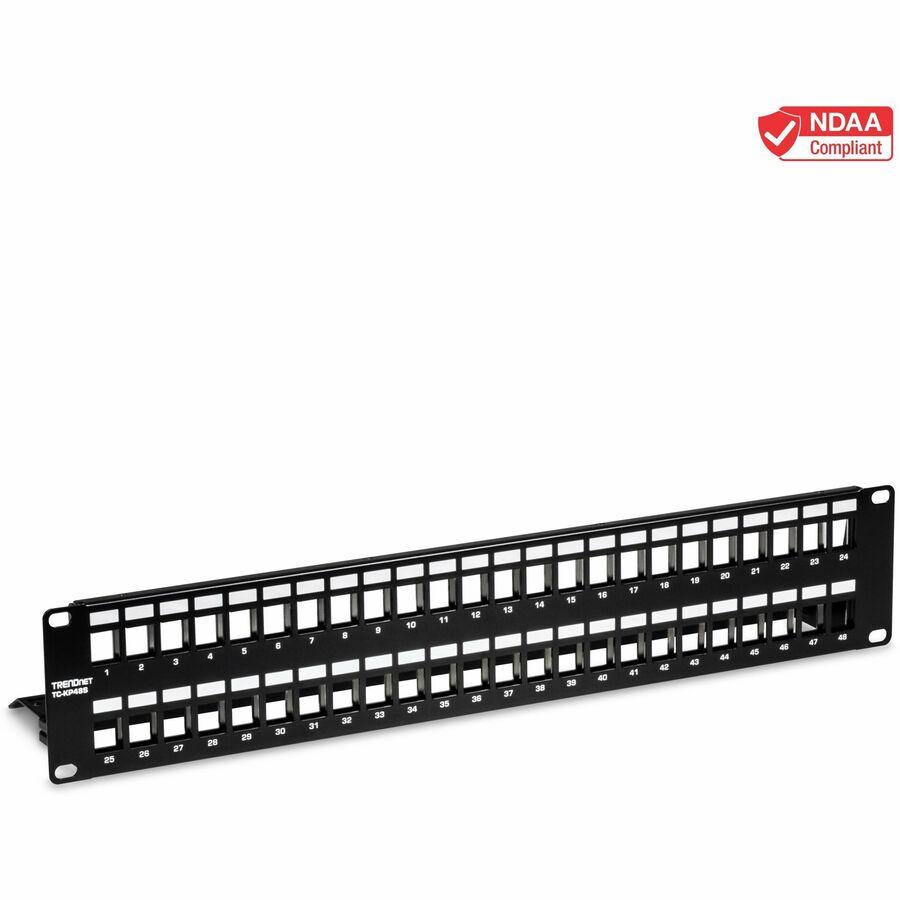 TRENDnet Panneau de brassage Keystone vierge blindé 2U HD 48 ports, TC-KP48S, boîtier de montage en rack métallique 2U 19", panneau de gestion réseau, recommandé avec les prises Keystone TC-K06C6A Cat6A (vendues séparément) TC-KP48S