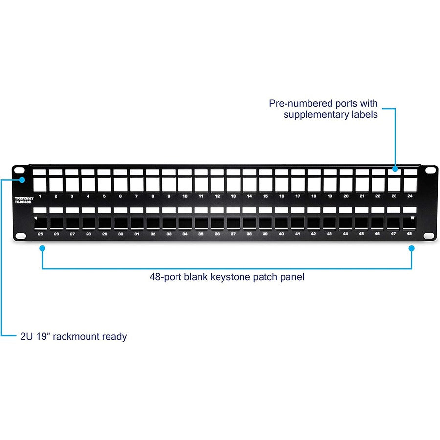 TRENDnet Panneau de brassage Keystone vierge blindé 2U HD 48 ports, TC-KP48S, boîtier de montage en rack métallique 2U 19", panneau de gestion réseau, recommandé avec les prises Keystone TC-K06C6A Cat6A (vendues séparément) TC-KP48S