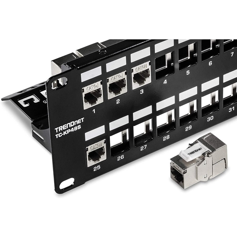 TRENDnet Panneau de brassage Keystone vierge blindé 2U HD 48 ports, TC-KP48S, boîtier de montage en rack métallique 2U 19", panneau de gestion réseau, recommandé avec les prises Keystone TC-K06C6A Cat6A (vendues séparément) TC-KP48S