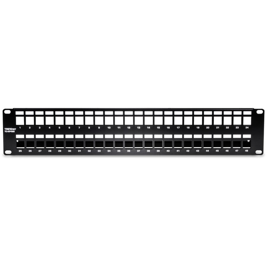 TRENDnet Panneau de brassage Keystone vierge blindé 2U HD 48 ports, TC-KP48S, boîtier de montage en rack métallique 2U 19", panneau de gestion réseau, recommandé avec les prises Keystone TC-K06C6A Cat6A (vendues séparément) TC-KP48S