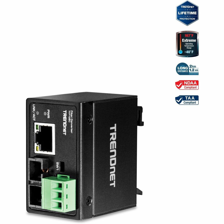 TRENDnet Hardened Industrial 100Base-FX Multi-Mode SC Fiber Converter; (2km; 1.2 Miles); IP40 Rated Housing; TI-F10SC TI-F10SC