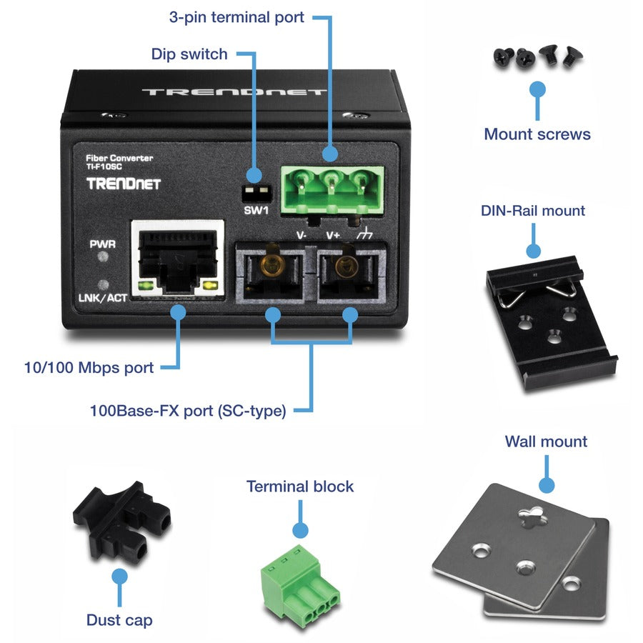 TRENDnet Hardened Industrial 100Base-FX Multi-Mode SC Fiber Converter; (2km; 1.2 Miles); IP40 Rated Housing; TI-F10SC TI-F10SC