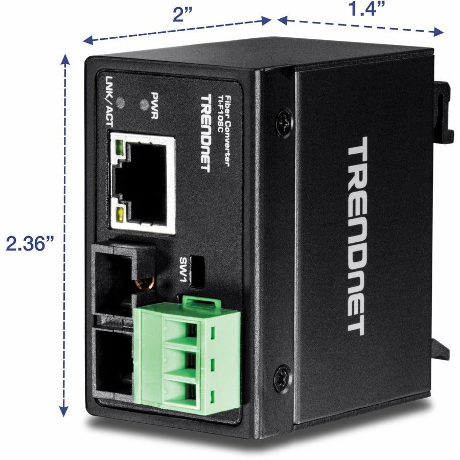 TRENDnet Hardened Industrial 100Base-FX Multi-Mode SC Fiber Converter; (2km; 1.2 Miles); IP40 Rated Housing; TI-F10SC TI-F10SC