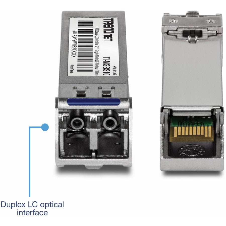 TRENDnet SFP to RJ45 Industrial Single-Mode LC Module (10km); TI-MGBS10; 1000Base-LX Industrial SFP; Compliant with IEEE 802.3z Gigabit Ethernet; Data Rates of up to 1.25Gbps; Lifetime Protection TI-MGBS10