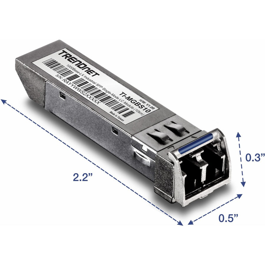 TRENDnet SFP to RJ45 Industrial Single-Mode LC Module (10km); TI-MGBS10; 1000Base-LX Industrial SFP; Compliant with IEEE 802.3z Gigabit Ethernet; Data Rates of up to 1.25Gbps; Lifetime Protection TI-MGBS10