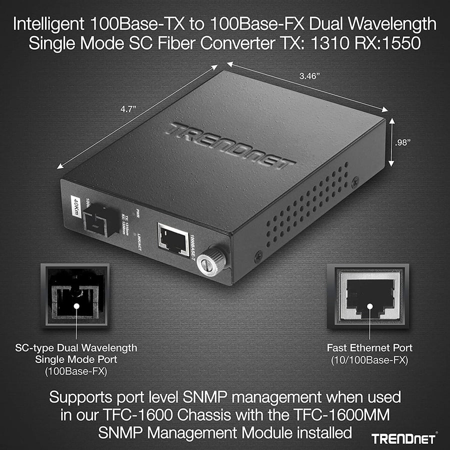 TRENDnet Intelligent 100Base-TX vers 100Base-FX Convertisseur de média fibre SC monomode à double longueur d'onde (40 km / 24,9 miles) ; Port RJ-45 ; Convertisseur fibre vers Ethernet ; Protection à vie ; TFC-110S40D3i TFC-110S40D3i