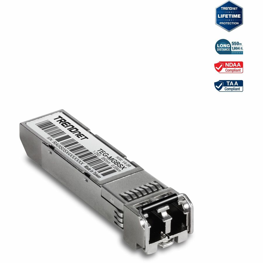 Module LC multimode TRENDnet SFP, jusqu'à 550 m (1 800 pieds), mini-GBIC, enfichable à chaud, IEEE 802.3z Gigabit Ethernet, prend en charge jusqu'à 1,25 Gbit/s, protection à vie, argent, TEG-MGBSX TEG-MGBSX