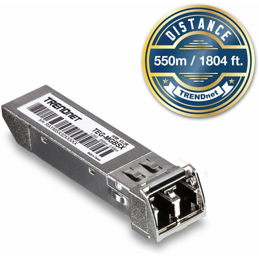 TRENDnet SFP Multi-Mode LC Module, Up To 550m (1800 Ft), Mini-GBIC, Hot Pluggable, IEEE 802.3z Gigabit Ethernet, Supports Up To 1.25 Gbps, Lifetime Protection, Silver, TEG-MGBSX TEG-MGBSX