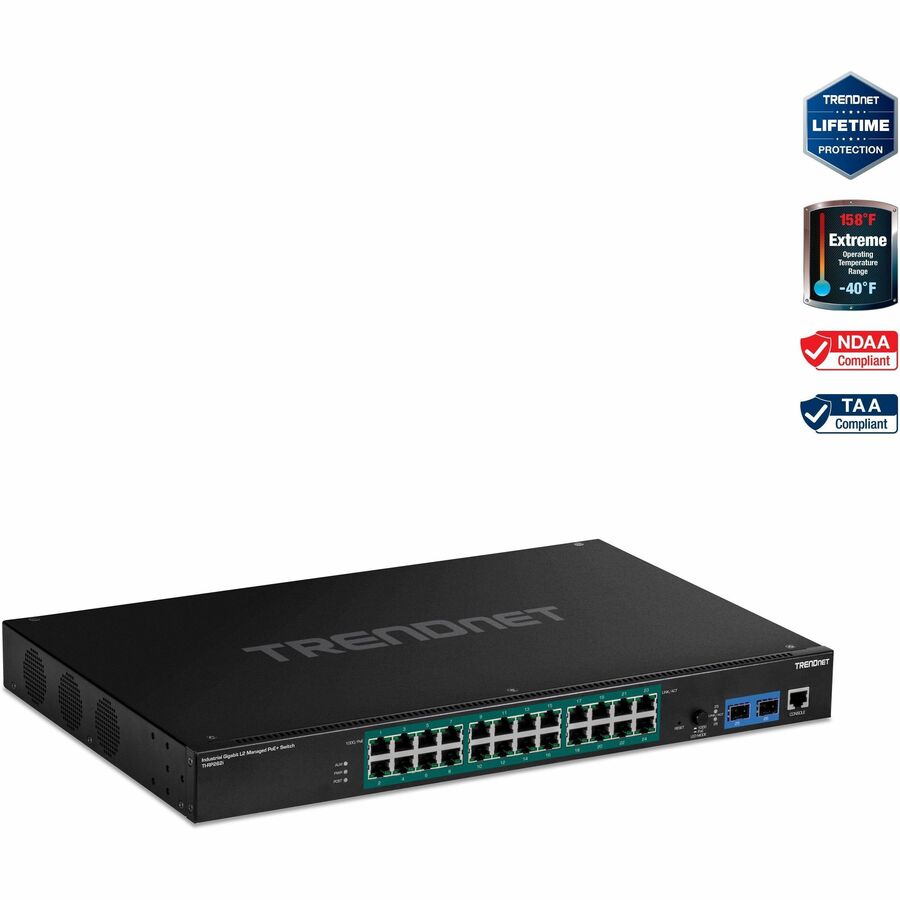 Commutateur PoE+ géré Gigabit L2 industriel à 26 ports TRENDnet ; TI-RP262i ; 1U 19 ? Montage en rack ; 24 ports Gigabit PoE+ ; 2 emplacements SFP (100/1000Base-FX) ; IP30 ; VLAN ; QoS ; Budget d'alimentation PoE de 685 W ; TI-RP262I sans ventilateur