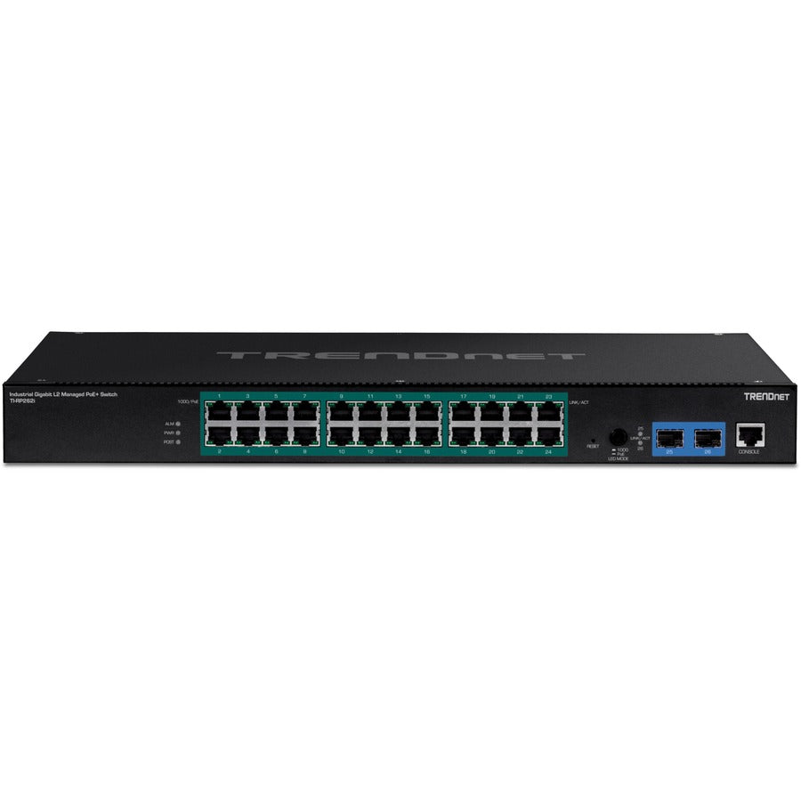 Commutateur PoE+ géré Gigabit L2 industriel à 26 ports TRENDnet ; TI-RP262i ; 1U 19 ? Montage en rack ; 24 ports Gigabit PoE+ ; 2 emplacements SFP (100/1000Base-FX) ; IP30 ; VLAN ; QoS ; Budget d'alimentation PoE de 685 W ; TI-RP262I sans ventilateur