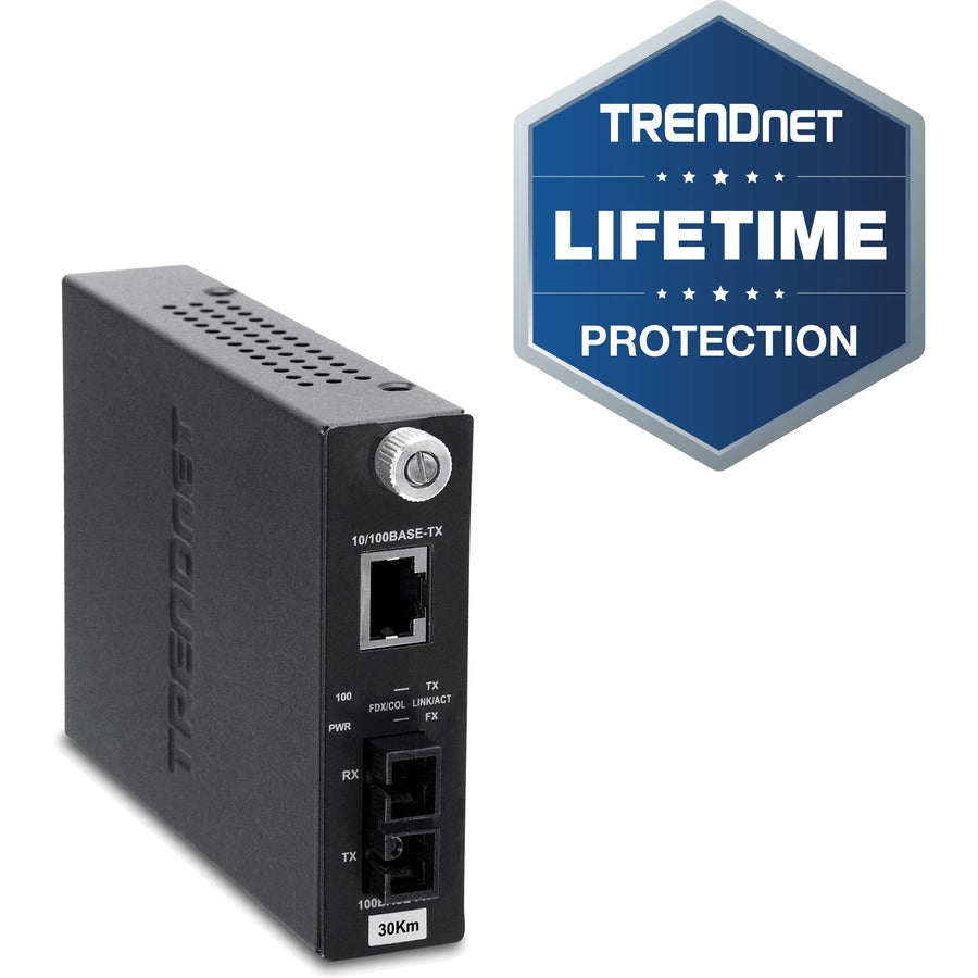 TRENDnet 100Base-TX to 100Base-FX Single Mode SC Fiber Media Converter (30 Km /18.6 Miles); Auto-Negotiation;Full-Duplex Mode; RJ-45 port; Fiber to Ethernet Converter; Lifetime Protection; TFC-110S30 TFC-110S30