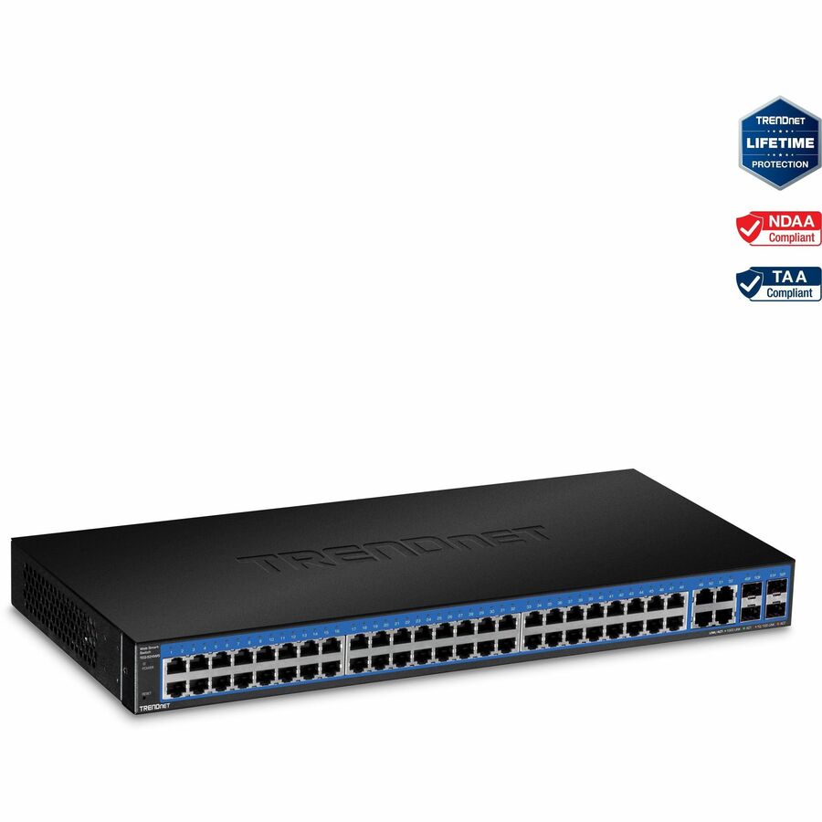 TRENDnet Commutateur intelligent Web Gigabit 52 ports, 48 ​​ports Gigabit RJ-45, 4 ports Gigabit partagés (RJ-45 ou SFP), capacité de commutation 104 Gbit/s, VLAN, QoS, LACP, IPv6, protection à vie, noir, TEG-524WS TEG -524WS