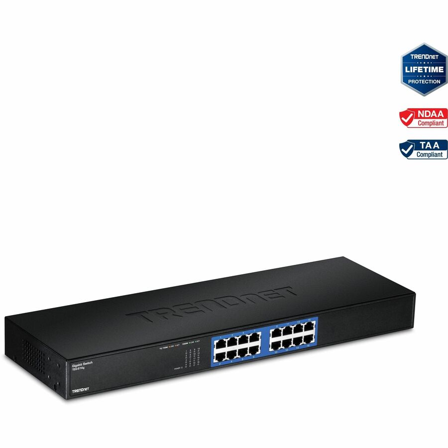 TRENDnet 16-Port Unmanaged Gigabit GREENnet Switch, 16 x RJ-45 Ports, 32Gbps Switching Capacity, Fanless, Rack Mountable, Network Ethernet Switch, Lifetime Protection, Black, TEG-S16G TEG-S16g